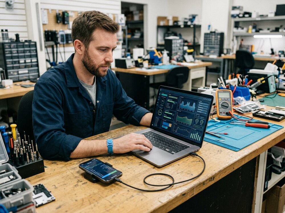 Phone diagnostics being run on test equipment