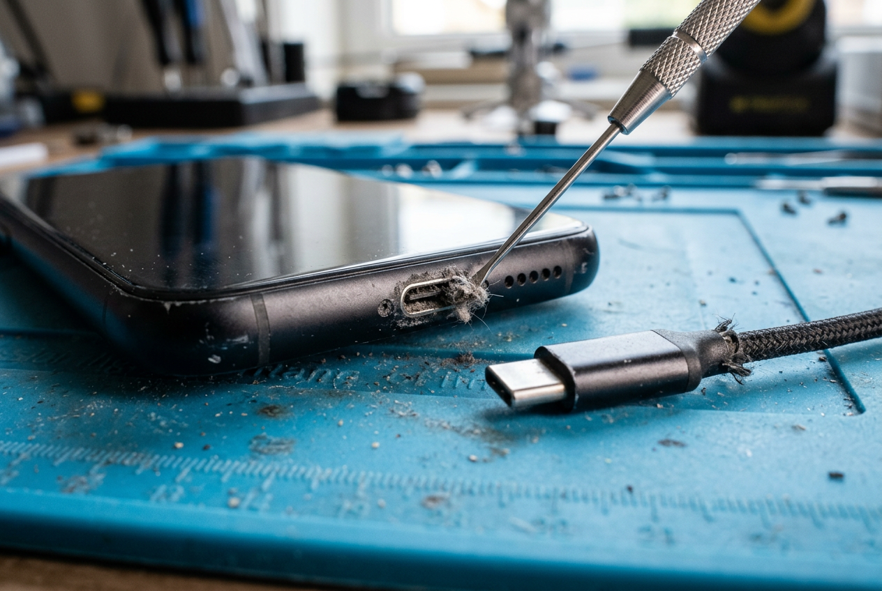 Close-up of a smartphone charging port being cleaned with a pick on a repair mat