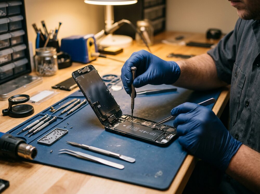 Technician repairing an iPhone at a workbench