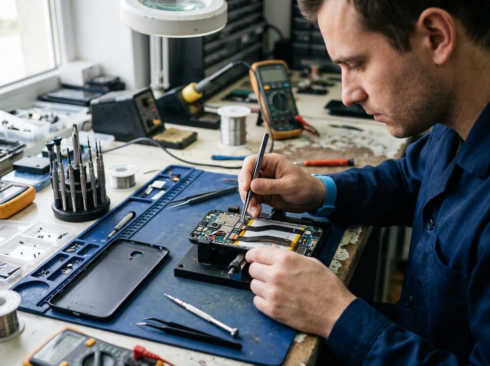 Android phone opened for repair with tools on a bench