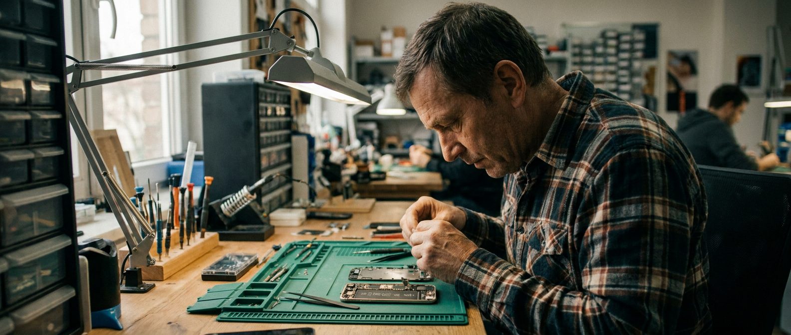 Repair technician working at a tidy workbench under a bright lamp