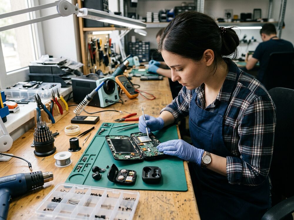 Small consumer electronics being repaired at a workbench