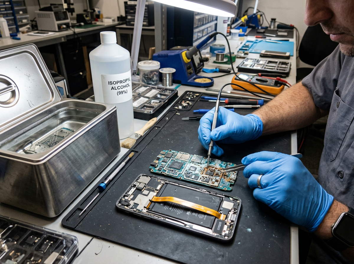 Charging port flex cable being replaced with precision tweezers