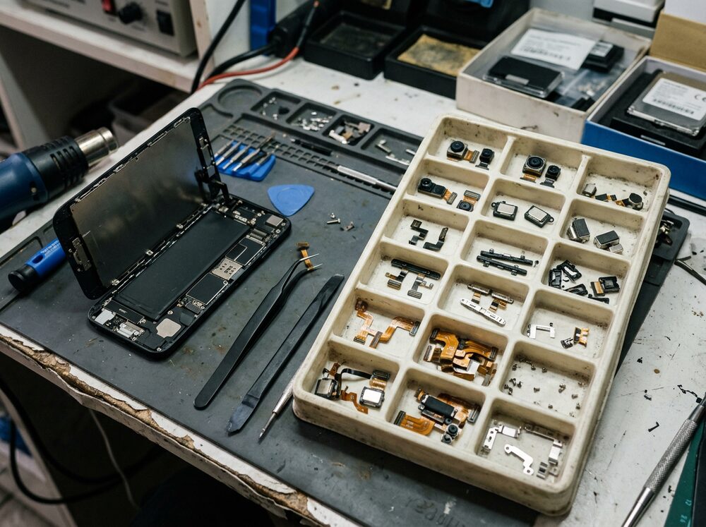 Tray of replacement phone parts beside a disassembled phone