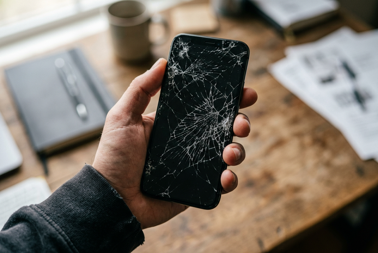 Hand holding a smartphone with a heavily cracked screen over a wooden desk