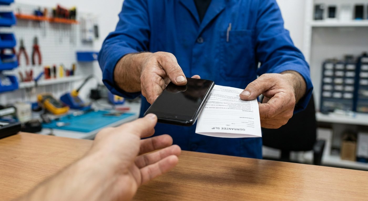 Technician handing a repaired smartphone and a written guarantee slip to a customer