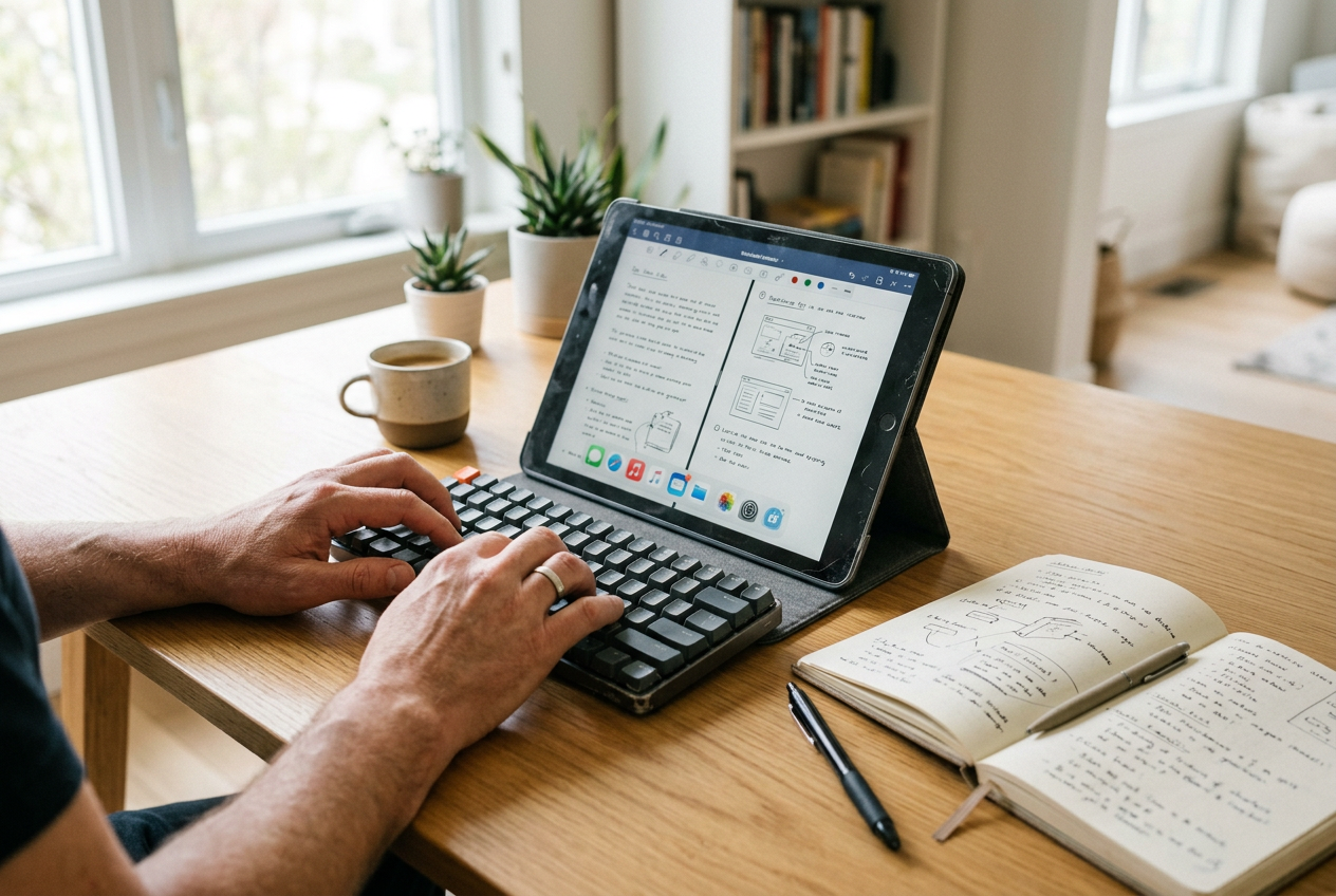 Person typing on a keyboard attached to a tablet propped up on a wooden desk