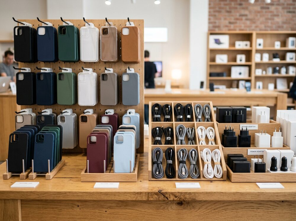 Phone cases, cables and chargers on a shop counter