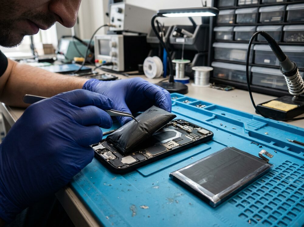New smartphone battery being installed by a technician