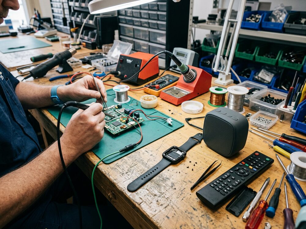 Assorted consumer electronics being repaired on a bench