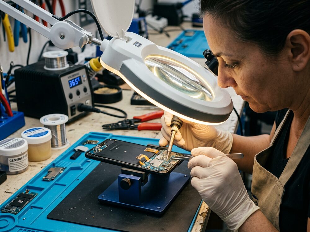Charging port being repaired with a soldering iron