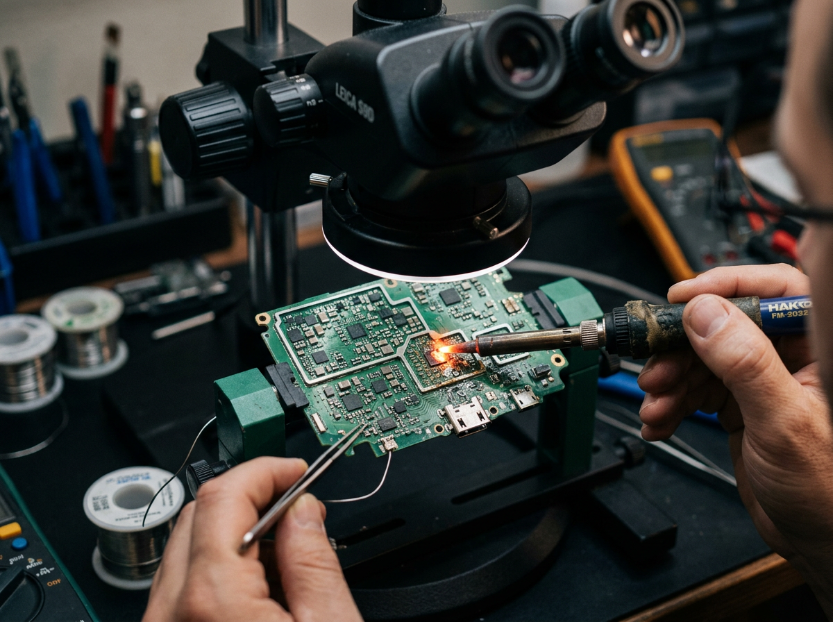 Micro-soldering work on a phone logic board under a microscope
