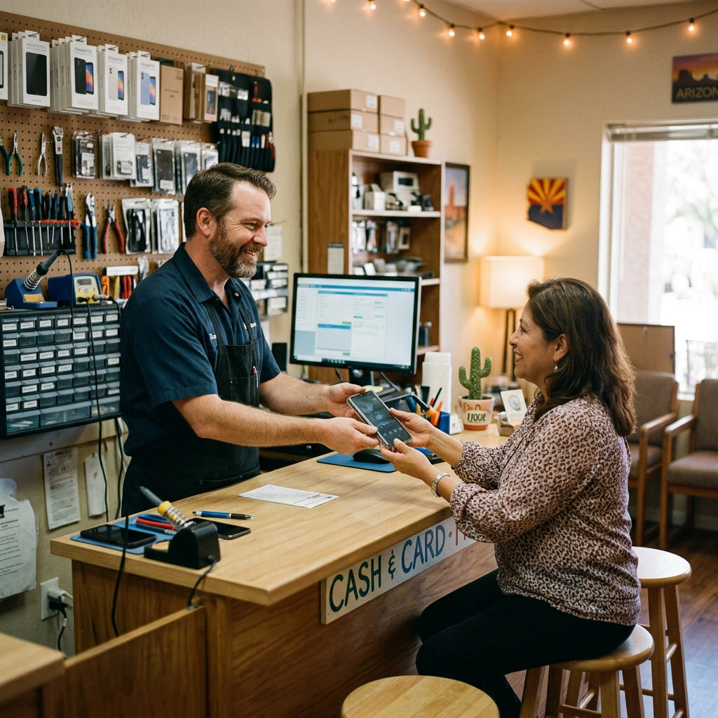 Owner-technician handing a repaired phone to a customer at a friendly neighborhood Tucson repair shop counter