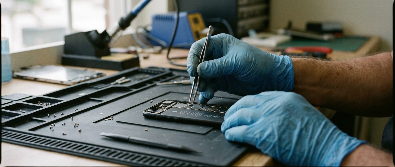 Repair technician working at a tidy workbench under a bright lamp