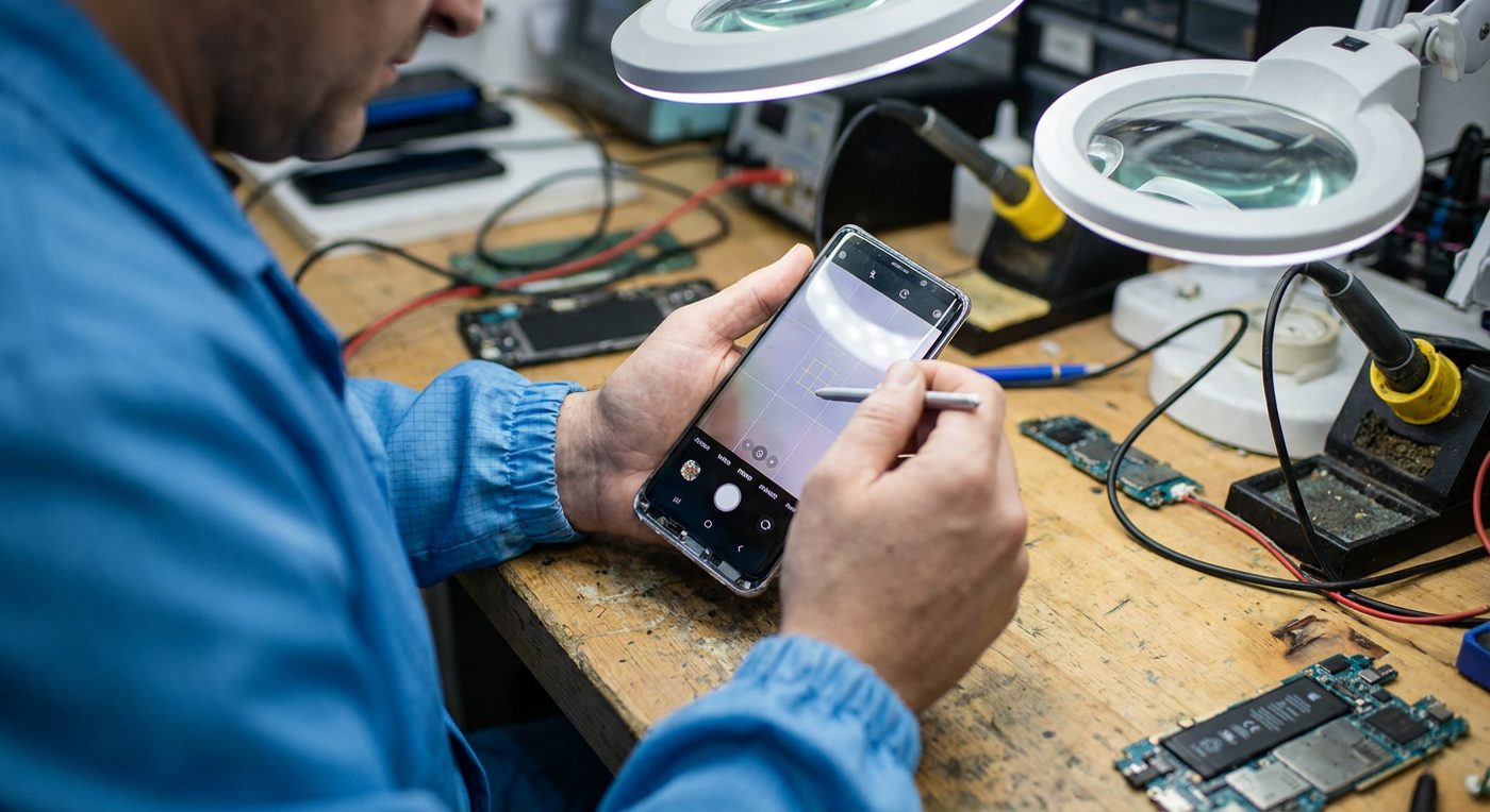 Technician testing a repaired phone's touchscreen after reassembly