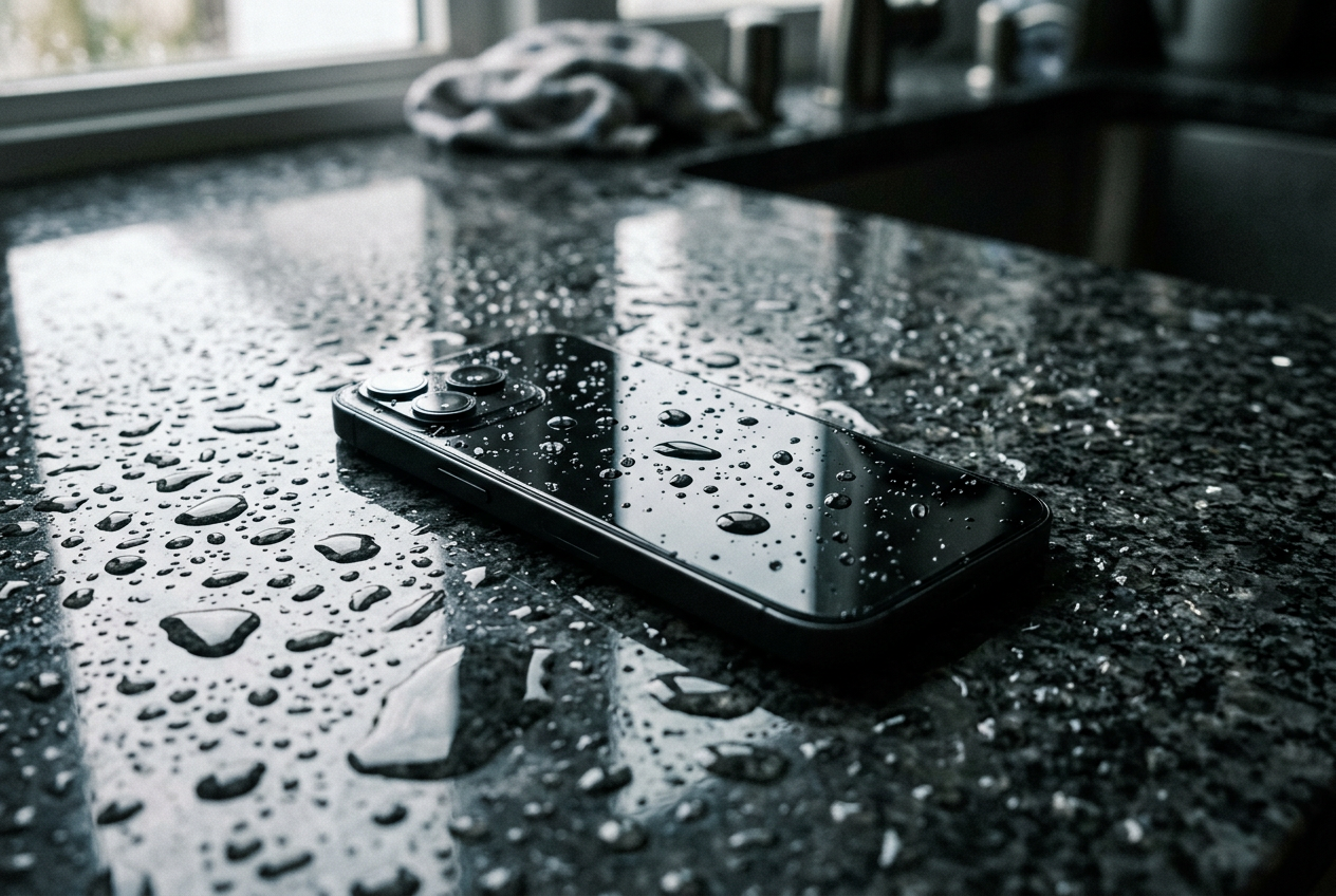 Wet smartphone lying on a granite countertop covered in water droplets