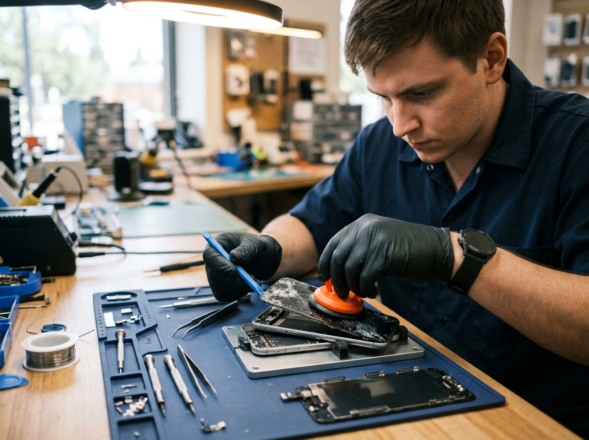 Technician removing a cracked screen assembly from a smartphone at the repair bench