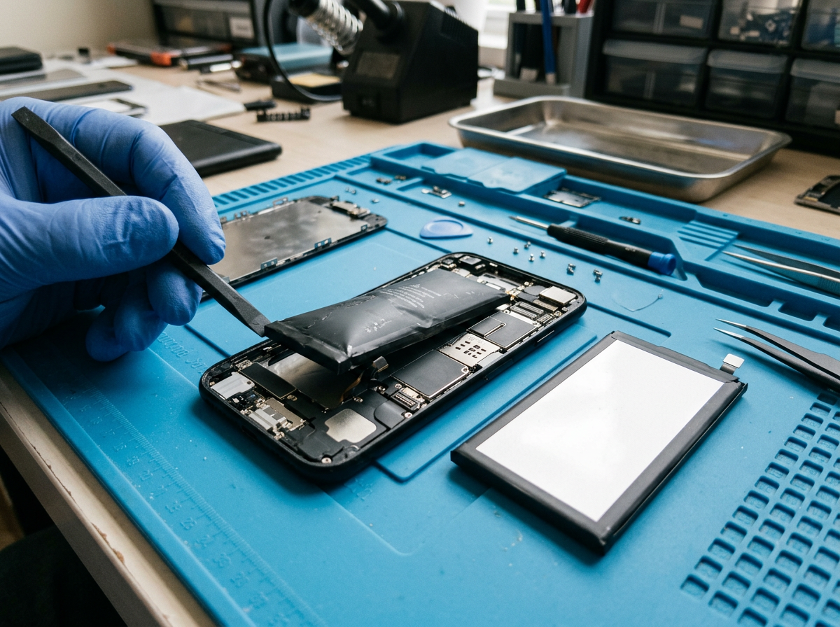 Replacement battery being fitted into an opened smartphone