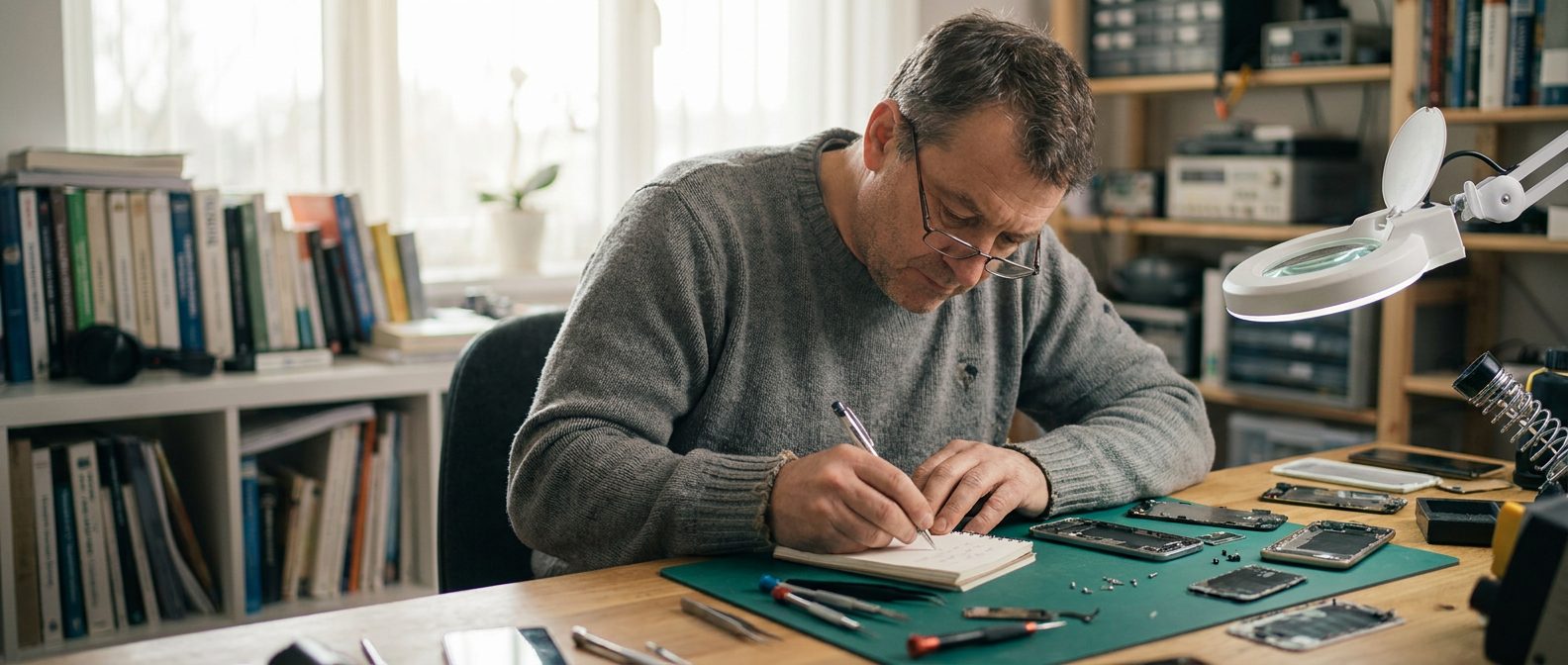 Technician taking notes beside disassembled phone components