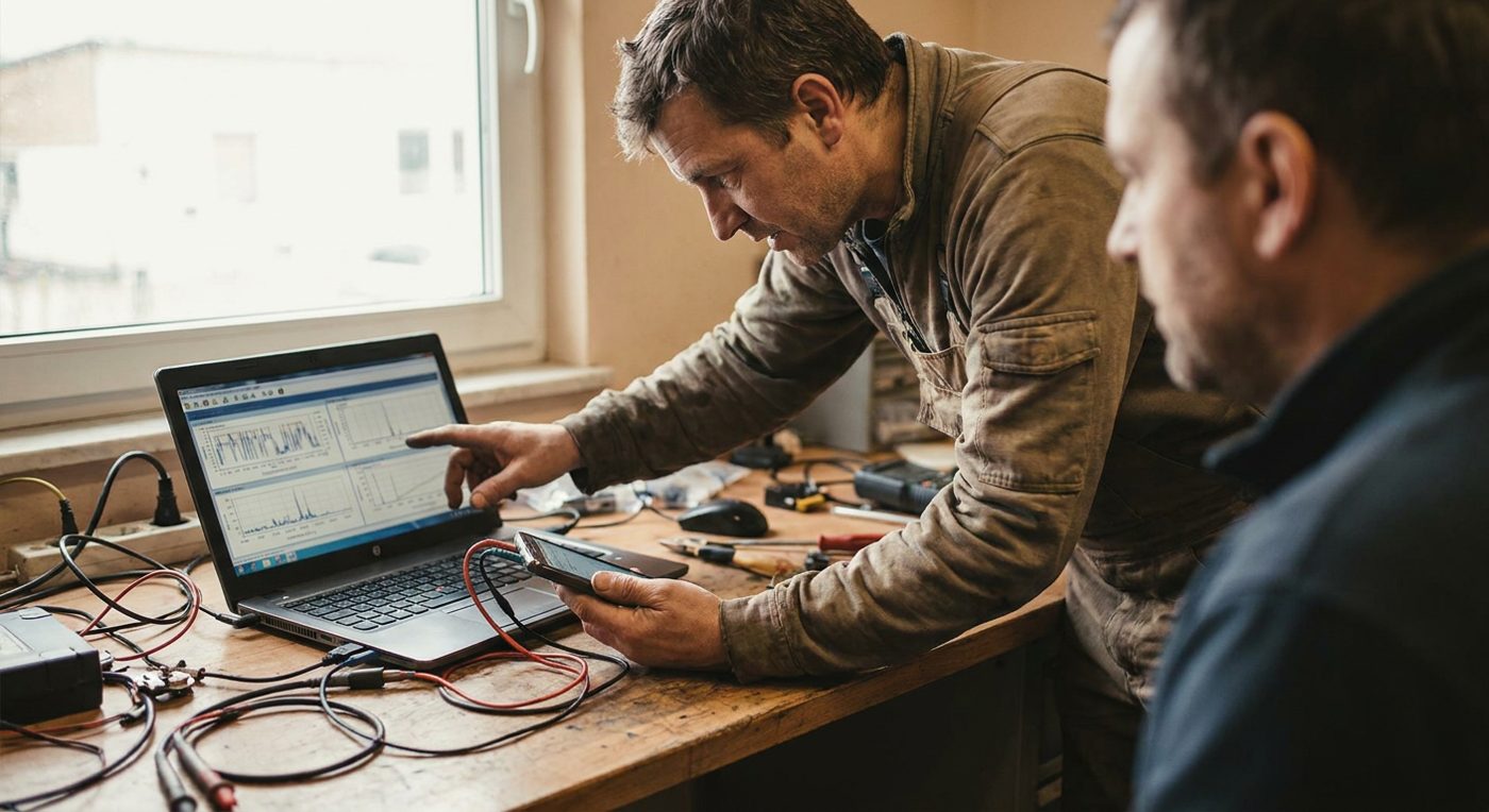 Technician running a diagnostic on a smartphone connected to a laptop