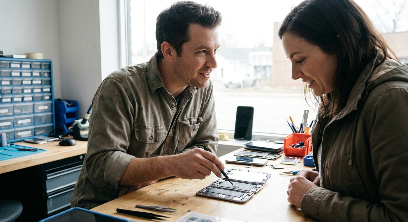 Technician showing a customer the inside of their opened phone at the counter