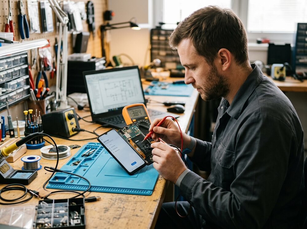 Technician troubleshooting a phone that keeps rebooting