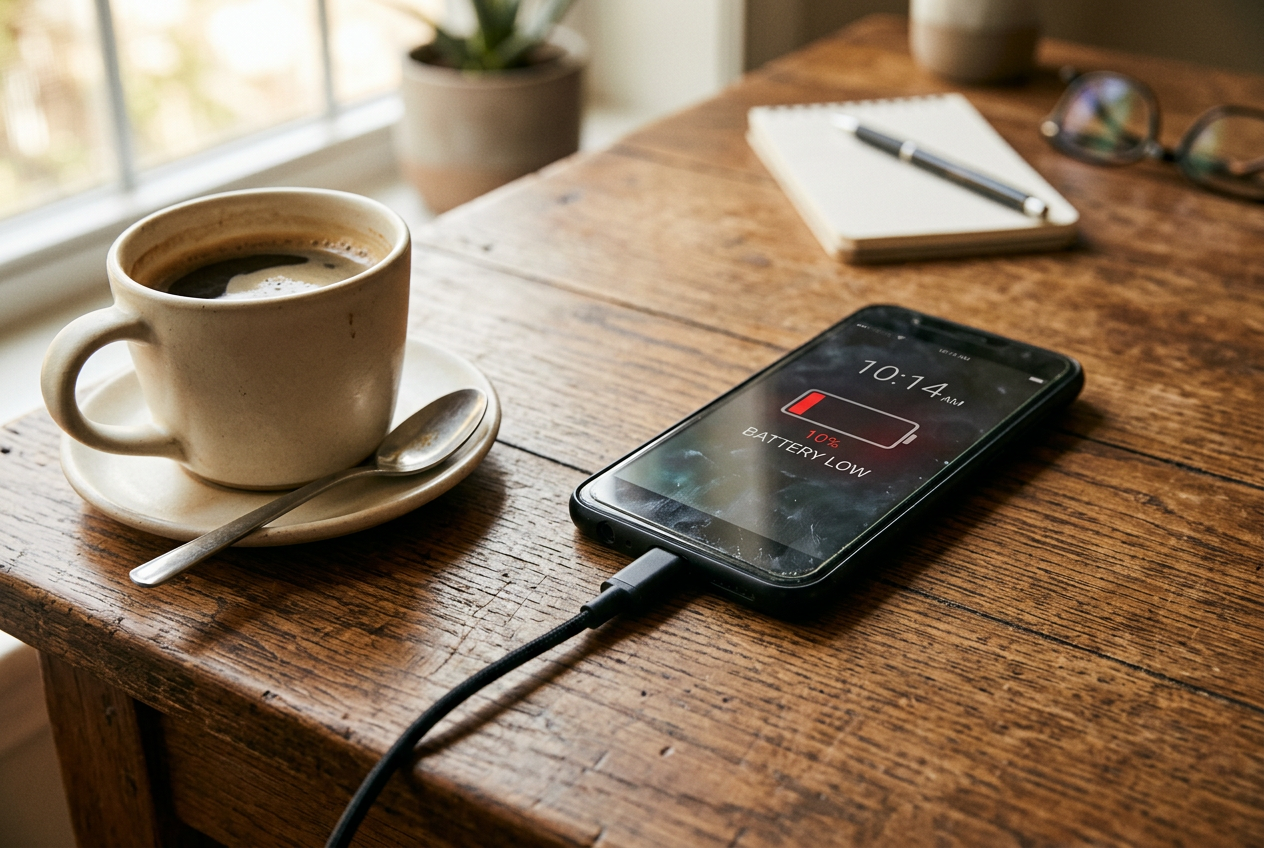 Smartphone on a wooden table plugged into a charger showing a low battery warning