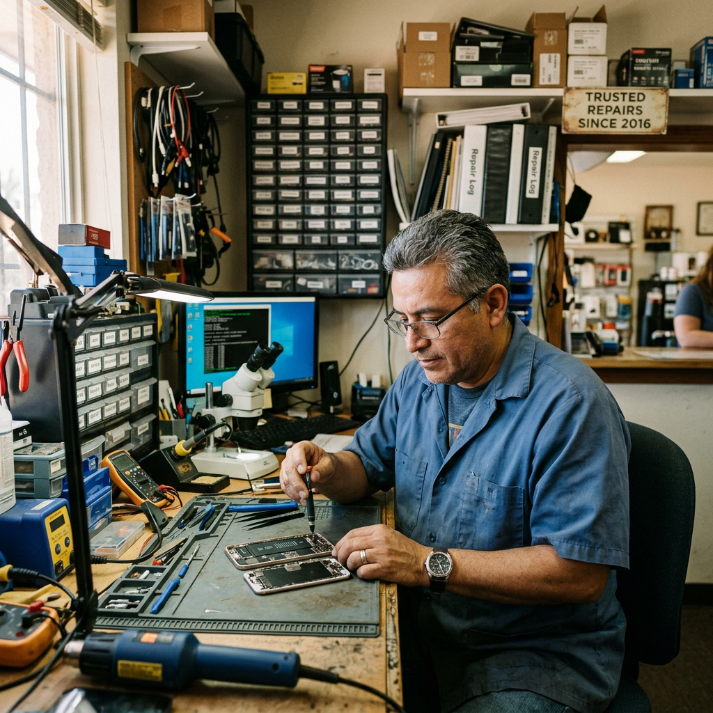 Seasoned technician at a well-equipped bench in an established Tucson repair shop