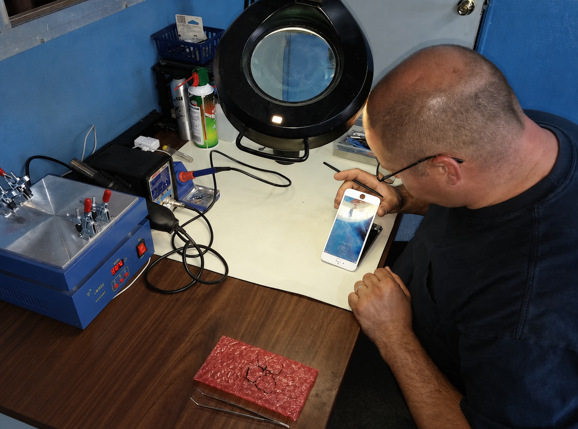 Owner and lead technician inspecting a smartphone under a lighted magnifier at the Tucson repair bench