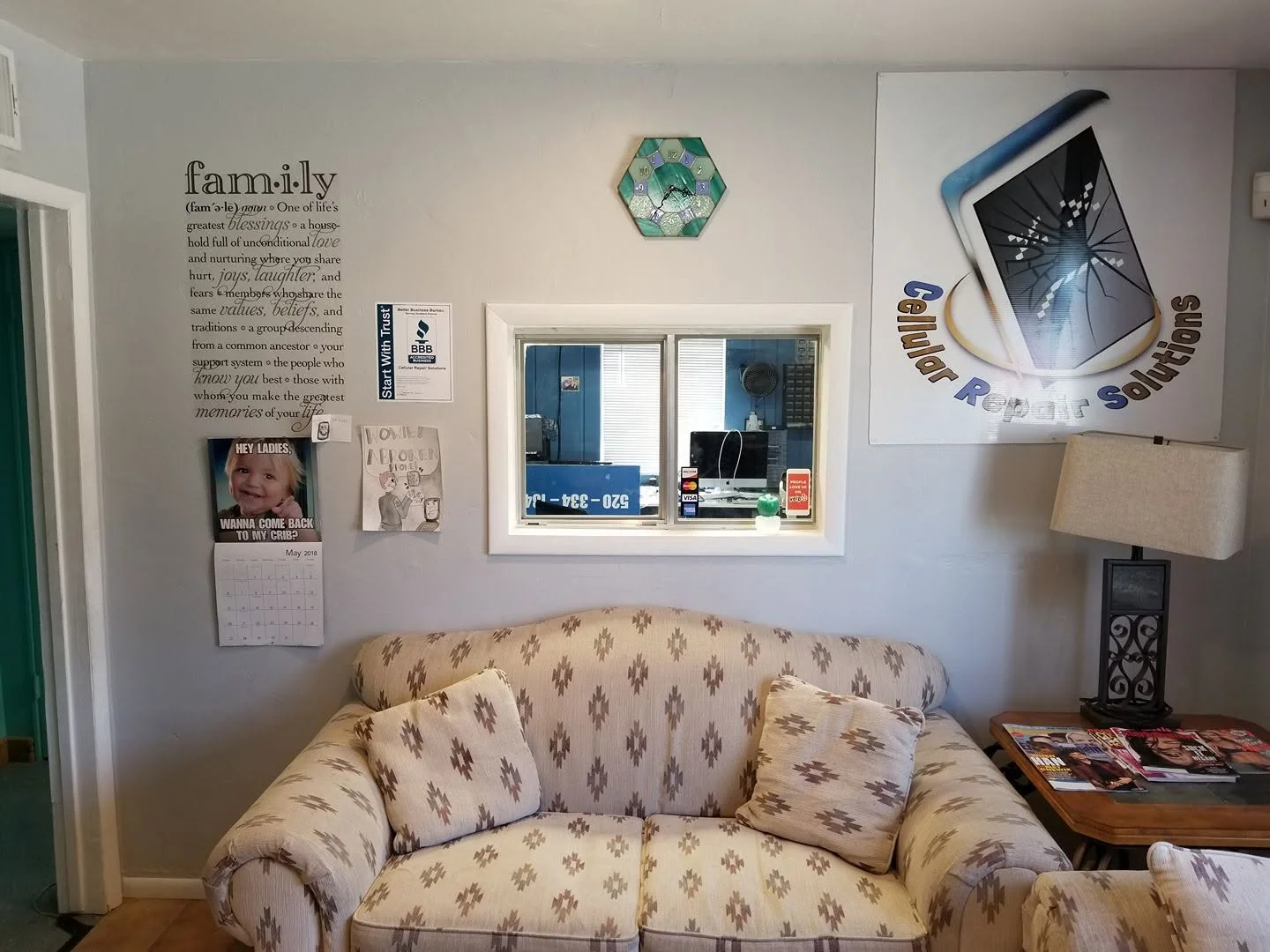 Customer lobby inside the Cellular Repair Solutions shop in Tucson