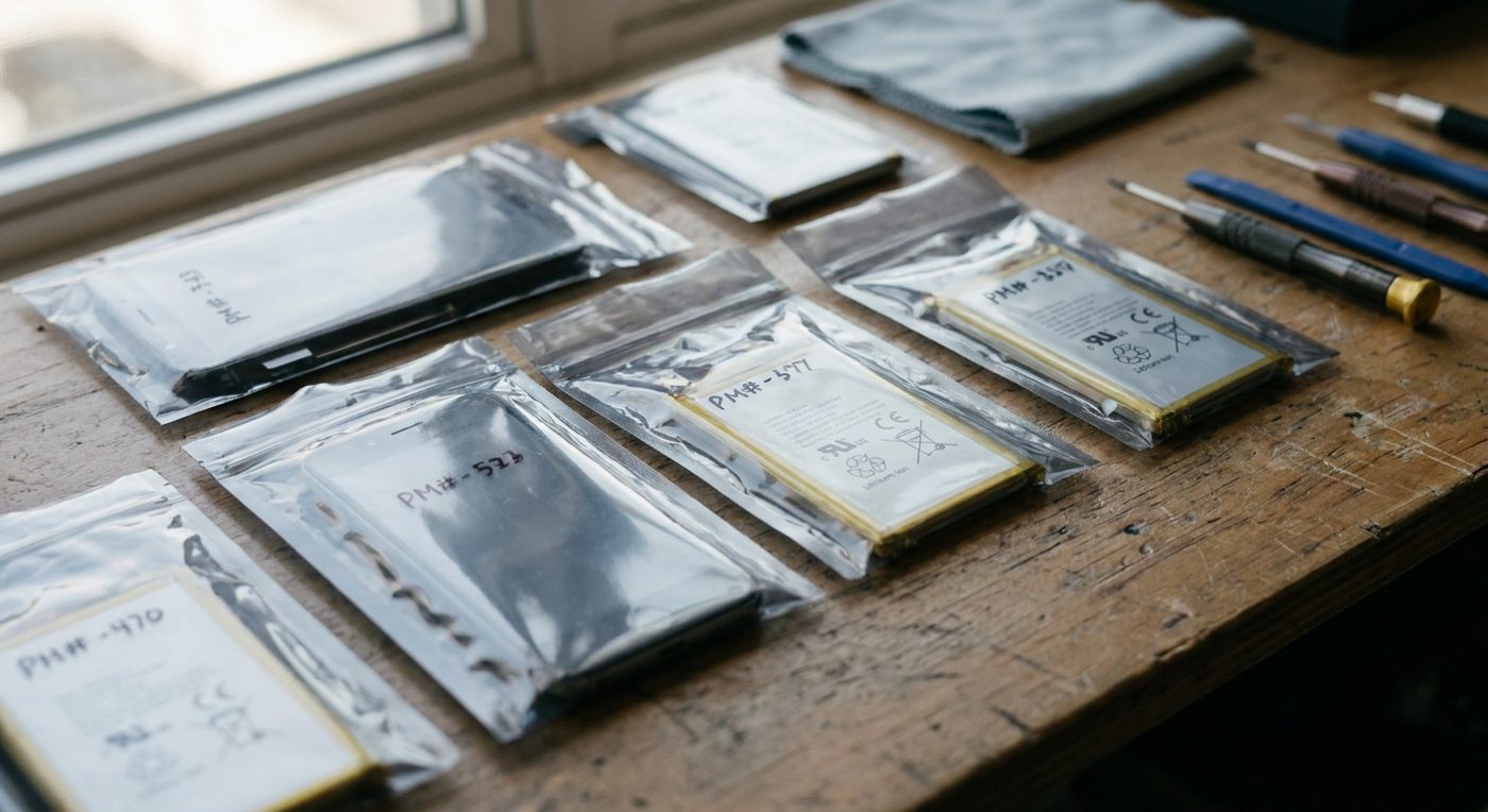 Premium replacement phone screens and batteries in protective packaging