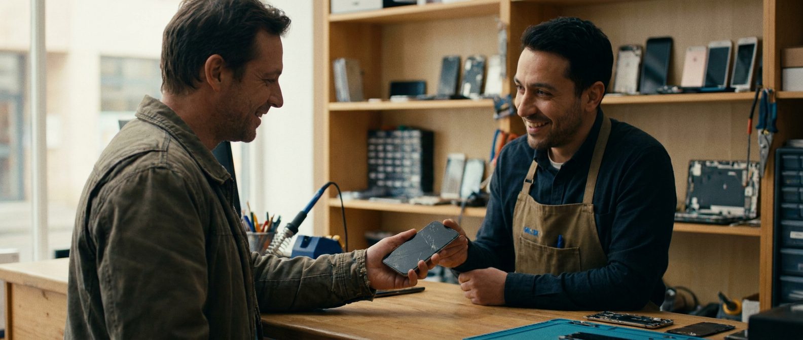 Customer handing a smartphone to a technician at a Tucson repair shop counter