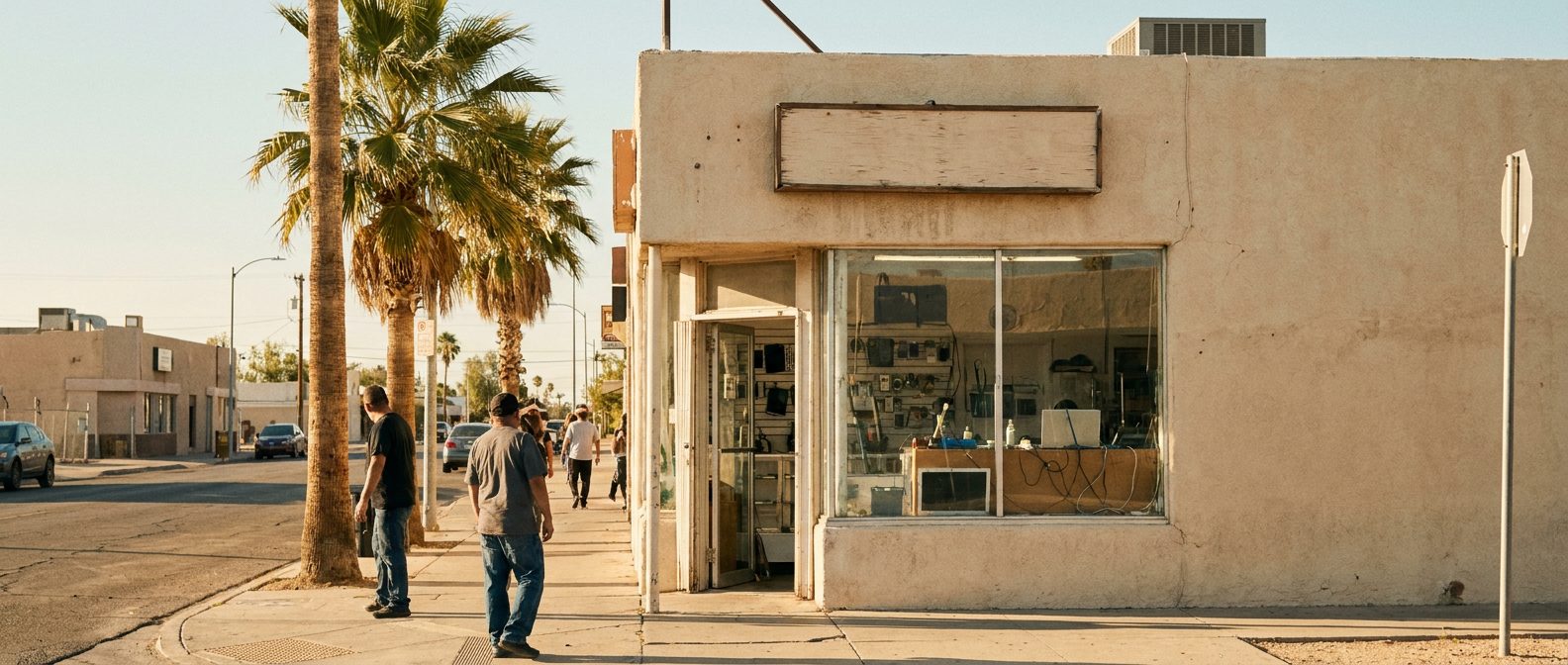 Storefront of an independent phone repair shop on a sunny street