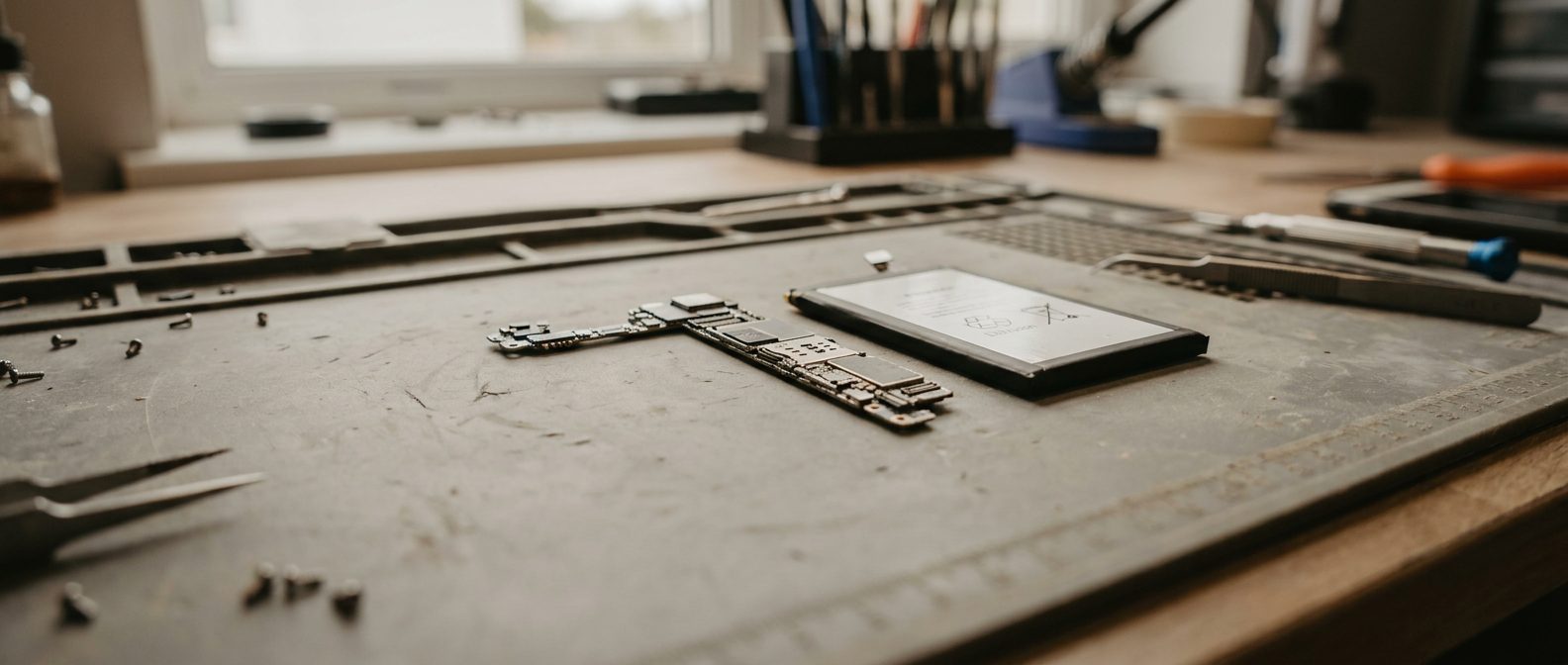 Technician taking notes beside disassembled phone components