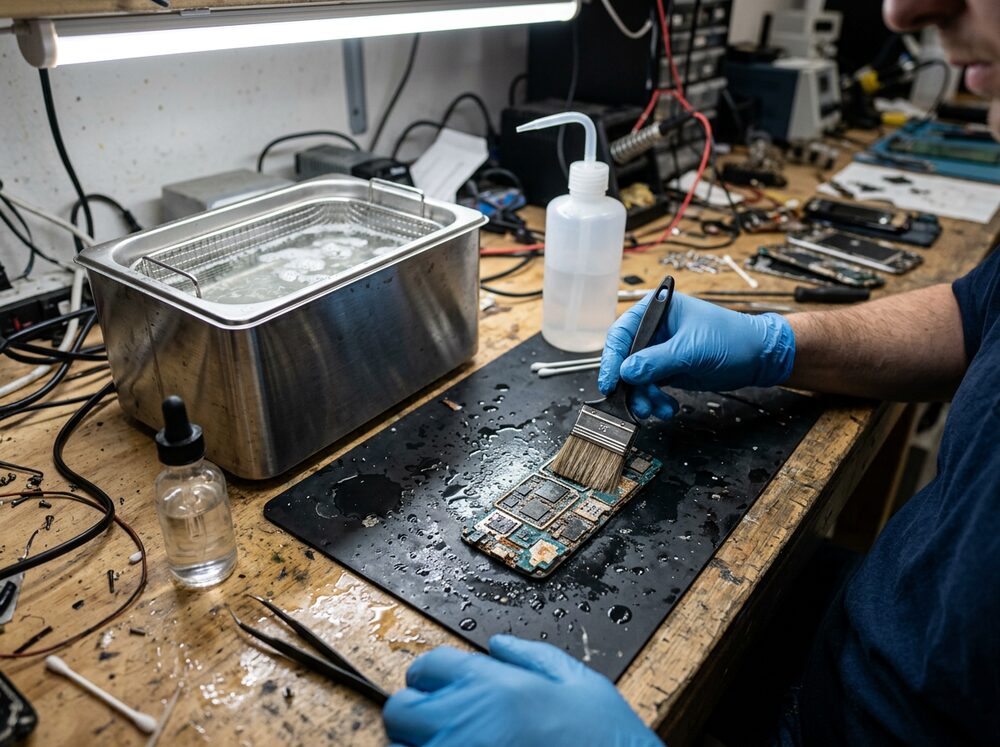 Water-damaged logic board being cleaned of corrosion