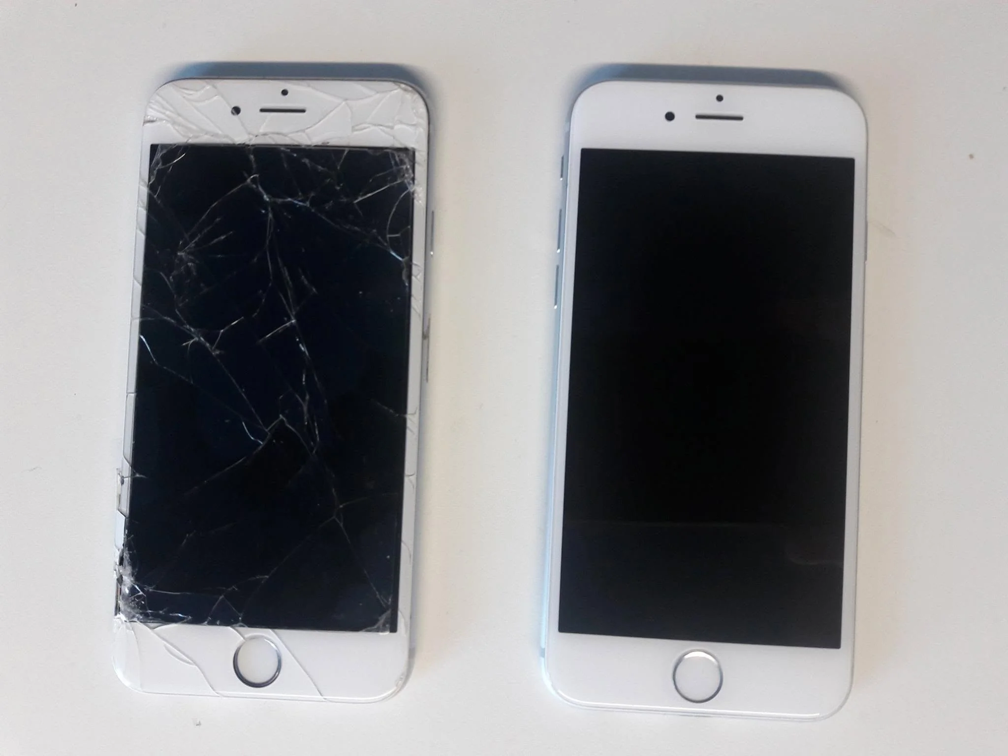 iPhone with a shattered screen next to the same phone after repair