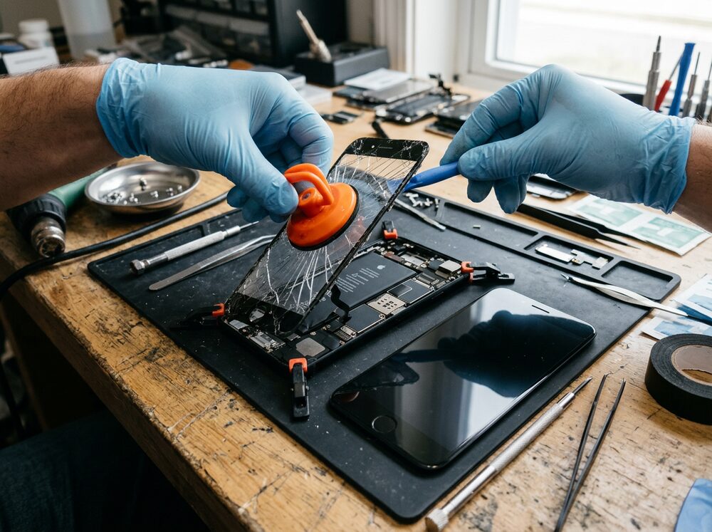 Replacement smartphone display being fitted to a phone