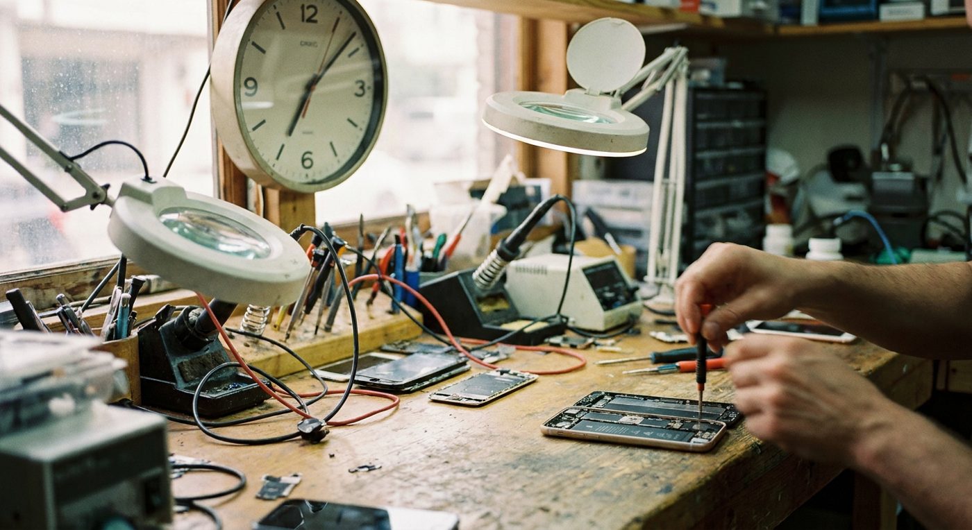 Clock above a busy repair workbench with a phone mid-repair