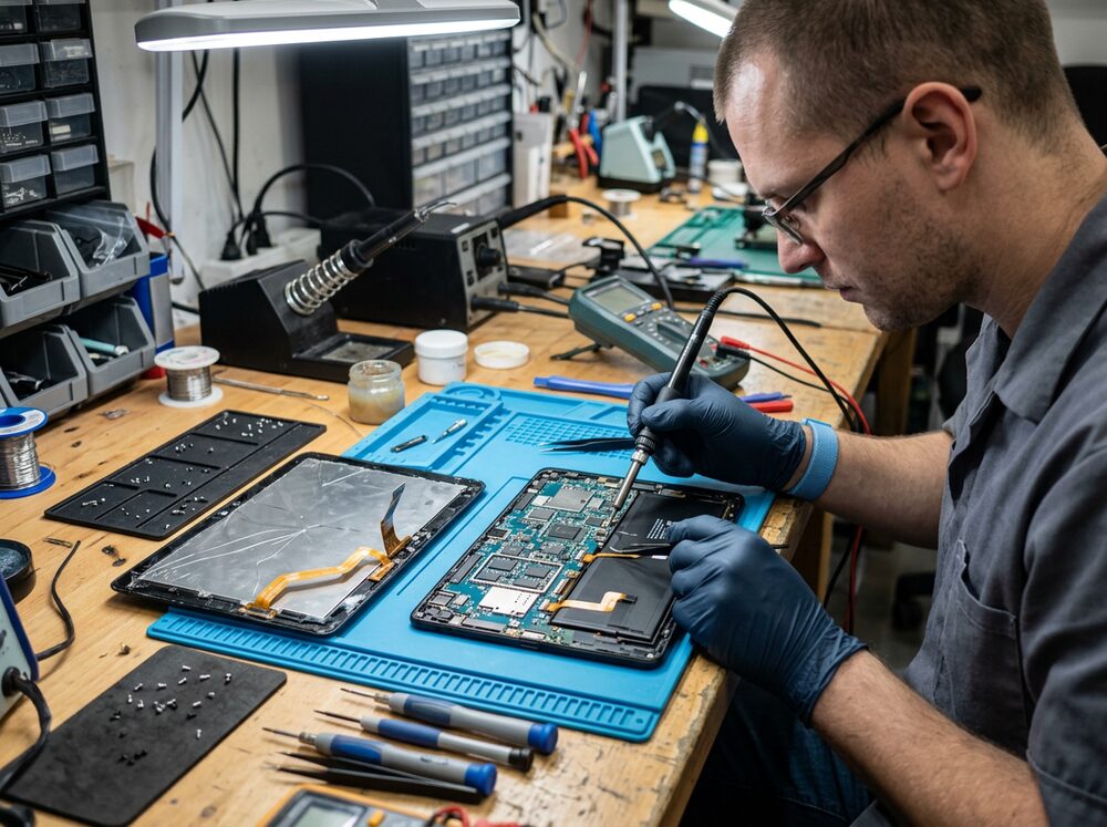 Tablet opened on a repair bench with tools