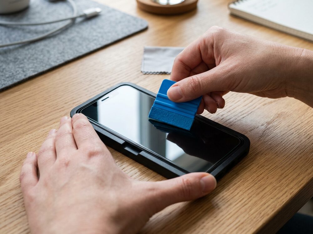 Screen protector being applied to a smartphone